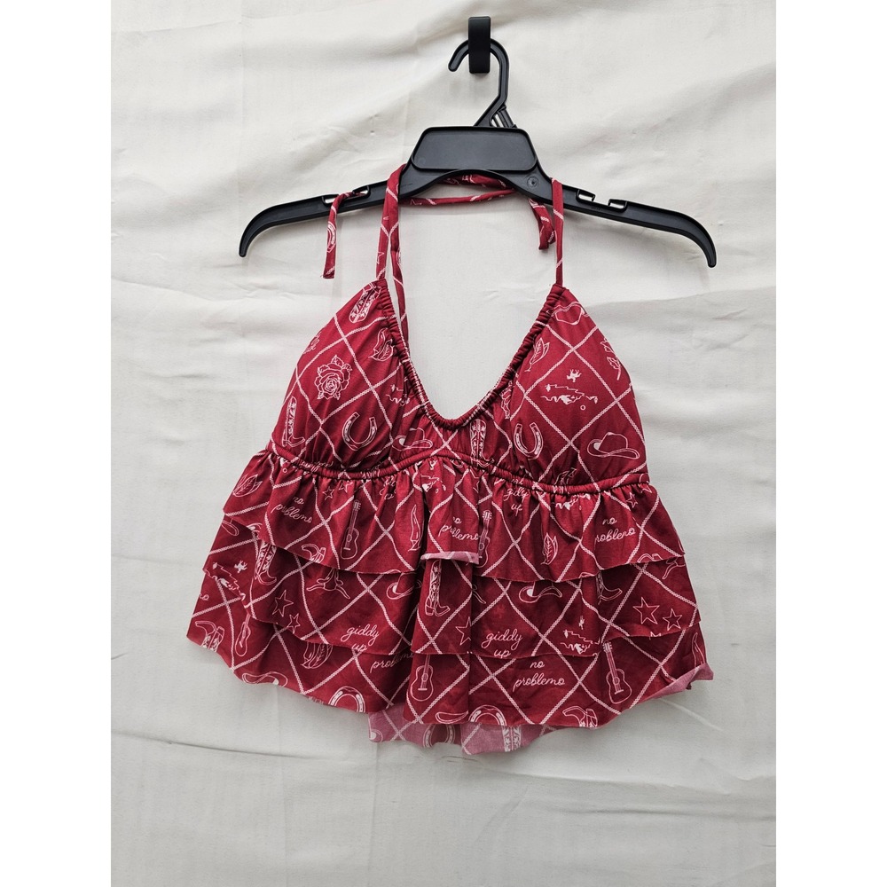 Wild Fable Womens Western Print Halter Top Red Polyester Ruffle Size Small